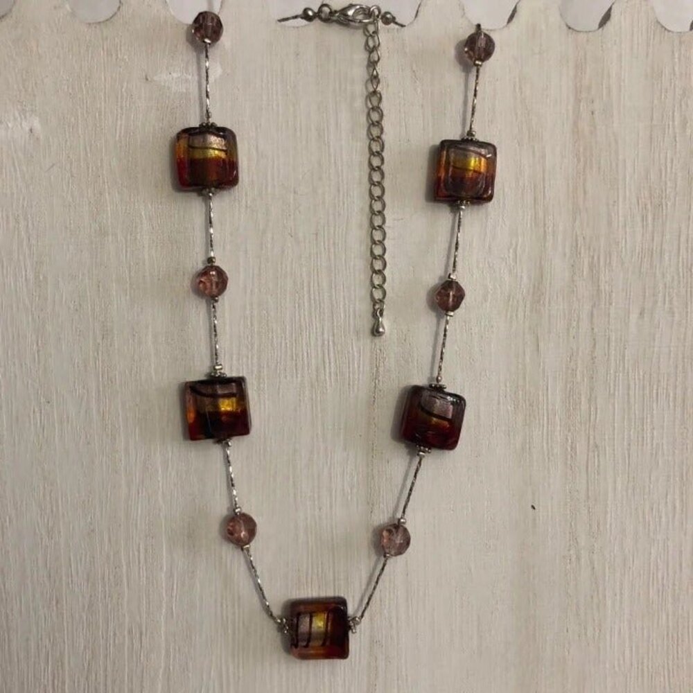 Square Bead Accent Necklace Silver Tone